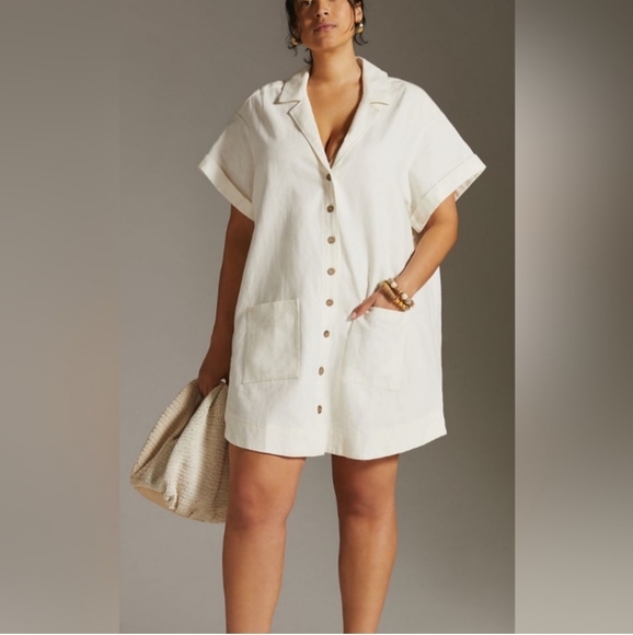 Pilcro Linen‎ Blend Shirtdress Small Mustard Relaxed Button Collar Pocket Tunic - Picture 3 of 12